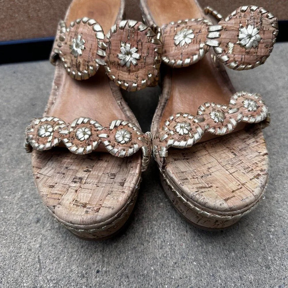 JACK ROGERS Platinum Gold Whipstitched Cork Platform Padded Sandals Size 8.5 - Picture 2 of 6